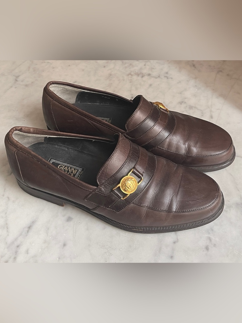 Size 5 Versace Brown Leather Slip-On Loafers with Gold Medusa Buckle